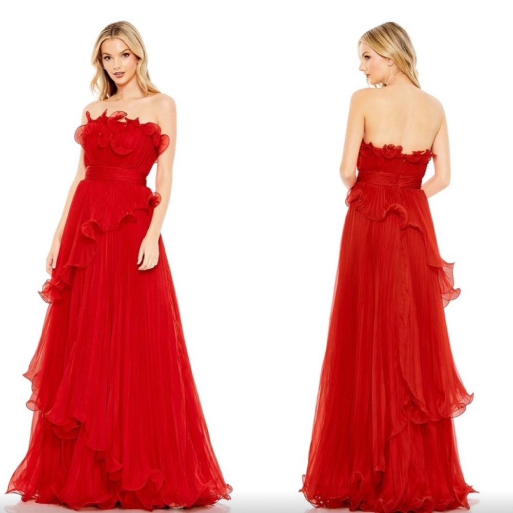 Mac Duggal pleated tiered ruffled strapless gown